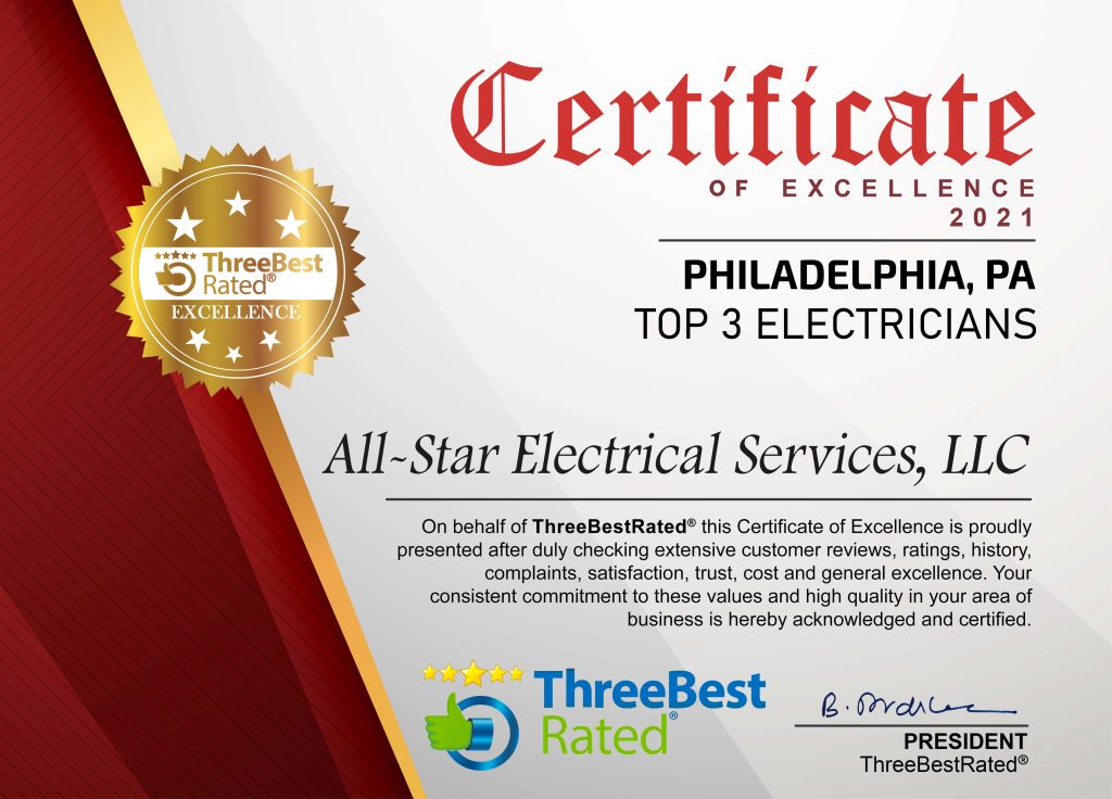 A certificate verifying All Star Electrical Services, LLC as one of the top 3 electricians in Philadelphia